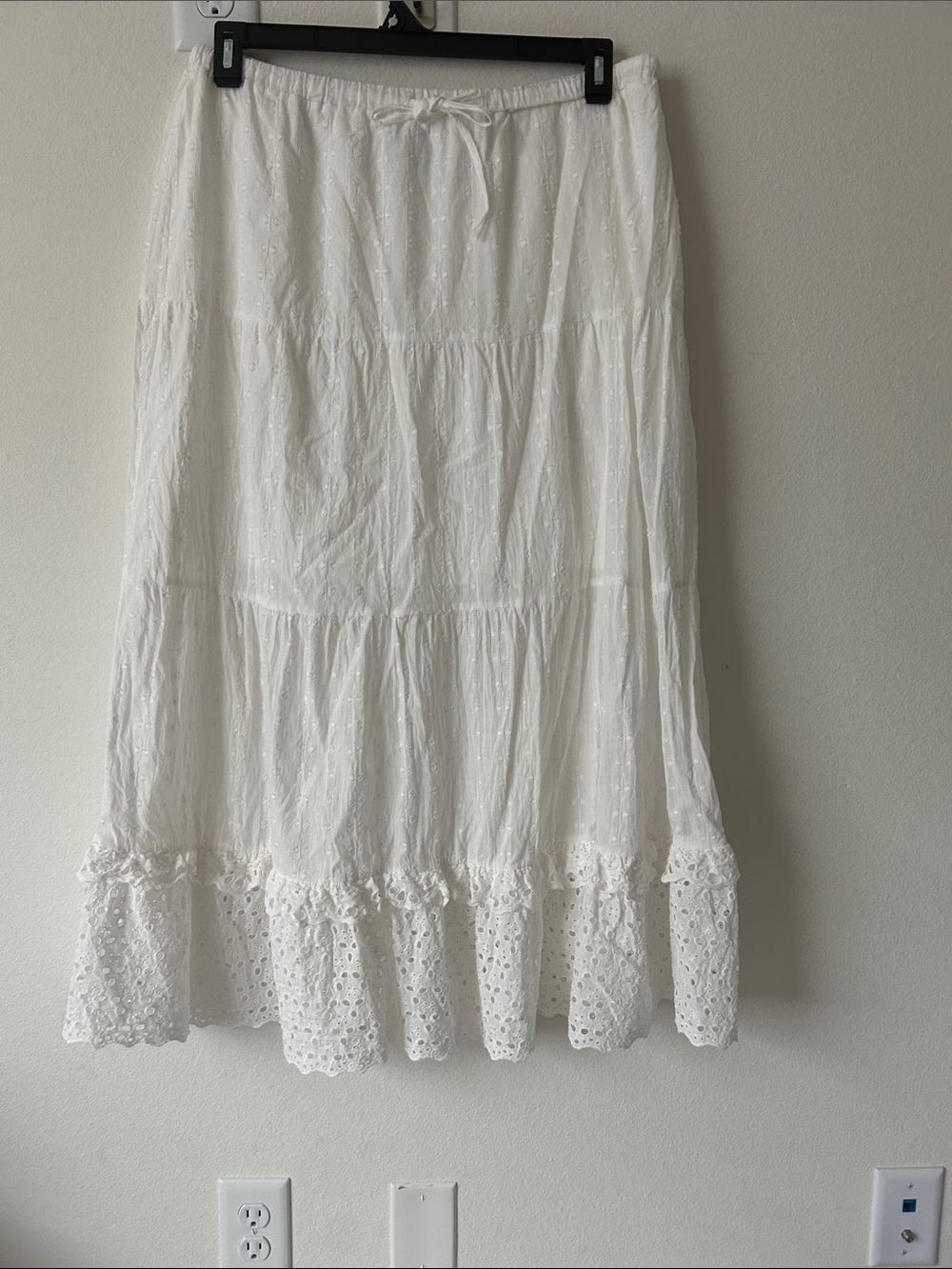 White Eyelet Tiered Maxi Skirt with Drawstring Waist